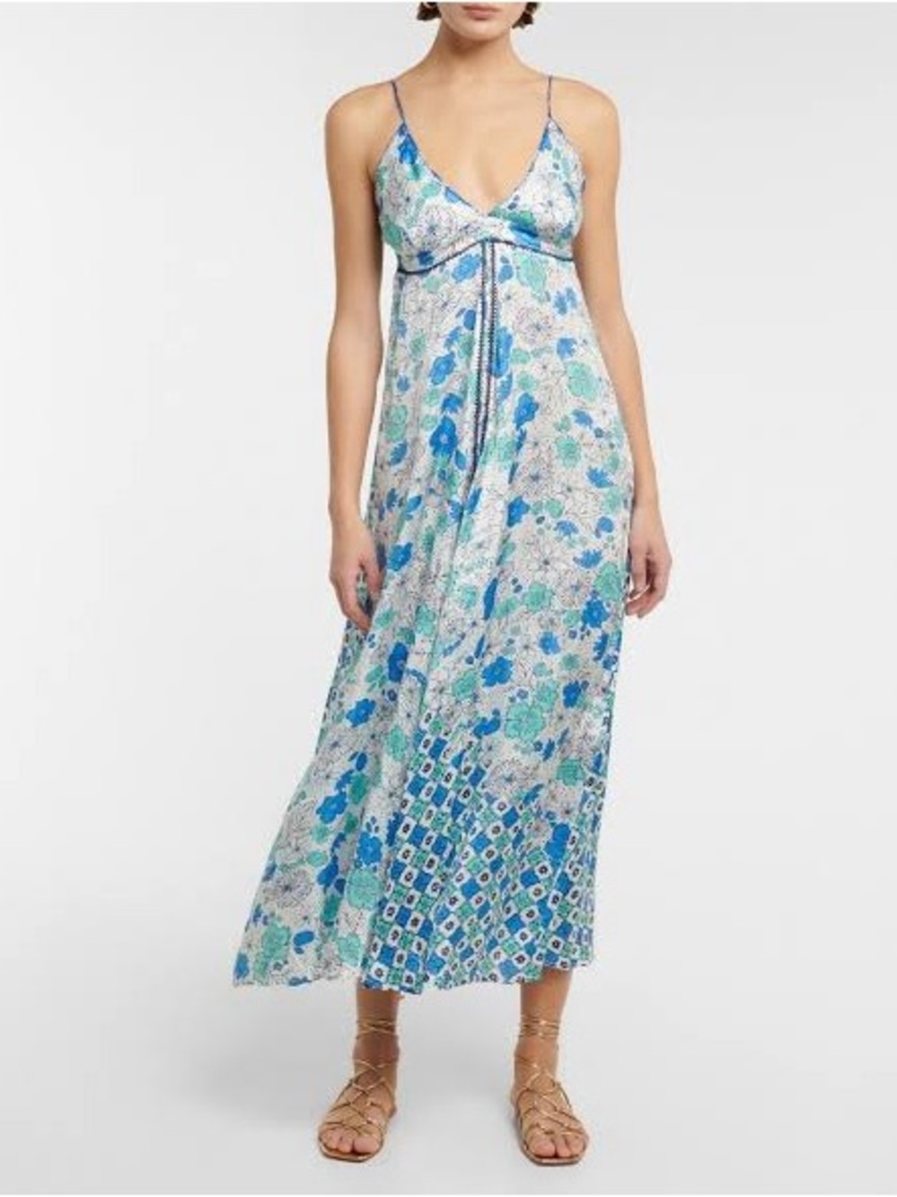 NWT Poupette St Barth Denise Maxi Dress  in White Green Diagonal Batik Size L
